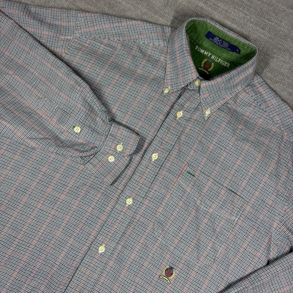 Vintage‎ Tommy Hilfiger Glen Plaid Houndstooth Crest Button Shirt Mens M Cotton